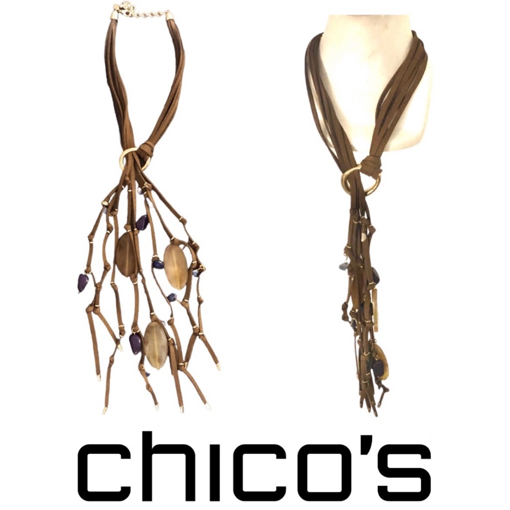 CHICO’S Brown Leather Suede Tassel 16”- 20” Necklace with Multi Colored Stones